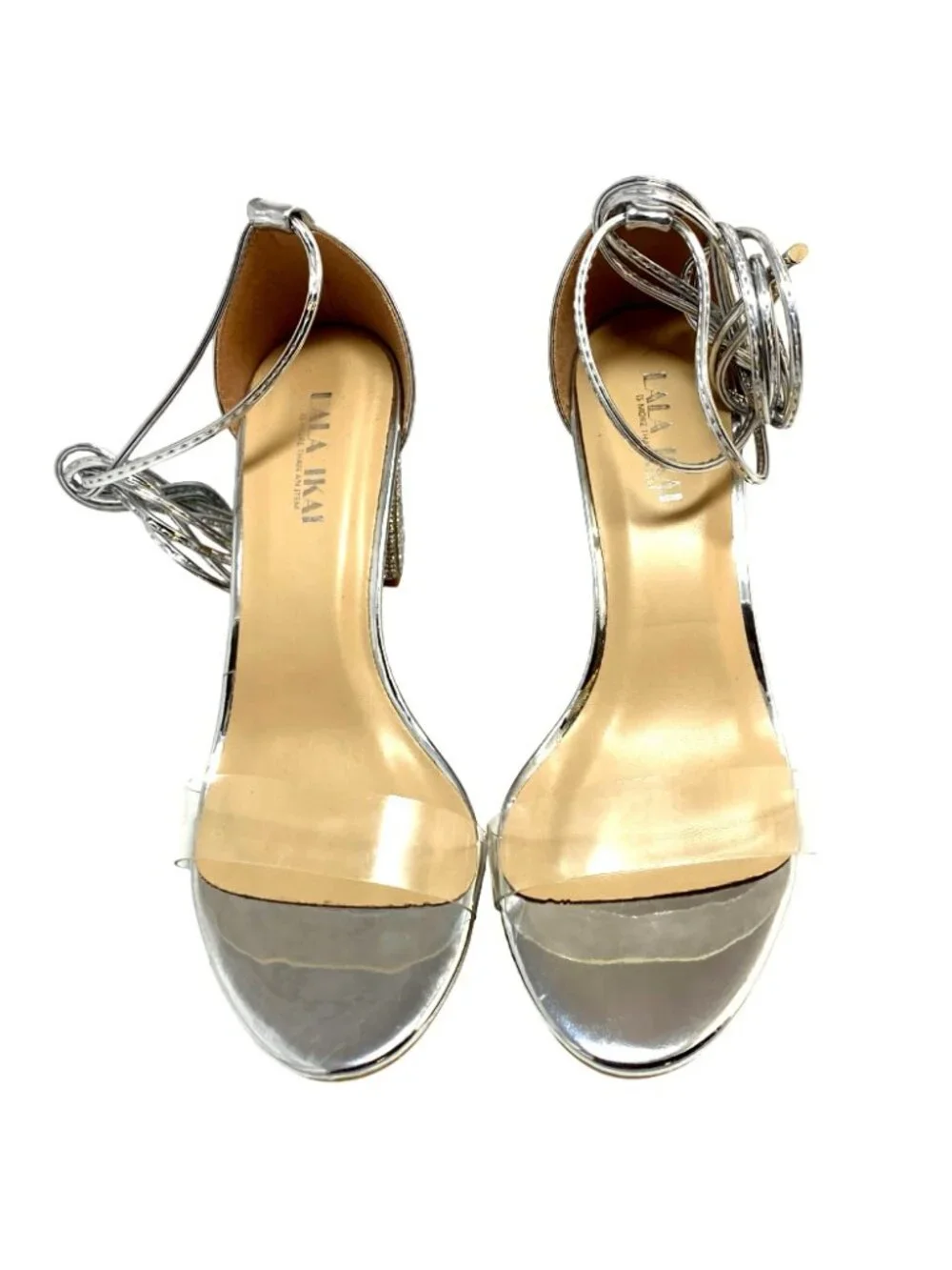 LaLa Ikai Silver Rhinestone Embellished Block Heel Formal Party Sandals Size 37